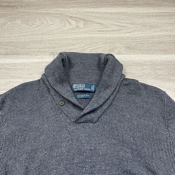 Vintage Polo Ralph Lauren Sweater Mens Medium Gray Merino Wool Shawl Neck Golf - Picture 2 of 11